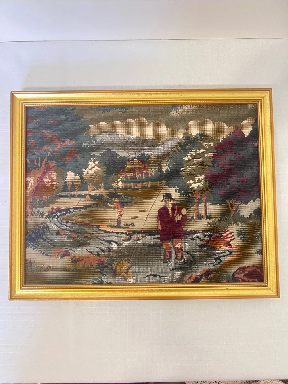 Vintage Needle Point Tapestry Fly Fishing Outdoor Scene Framed Wall Art